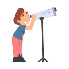 Curious Little Boy Observing Solar Planets with Telescope Studying Space and Galaxy Vector Illustration