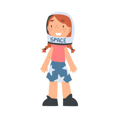 Smiling Girl Wearing Space Helmet Playing Pretending Being Astronaut Vector Illustration