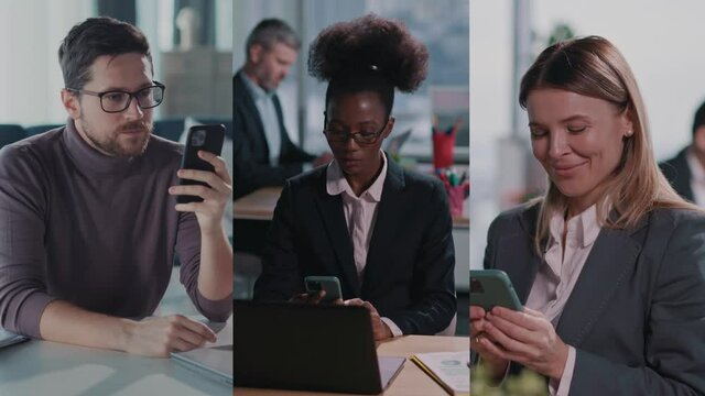 Diverse multi-ethnic business people at work using their smartphones browsing social media in their office workplace. Contemporary people. Multiscreen video.