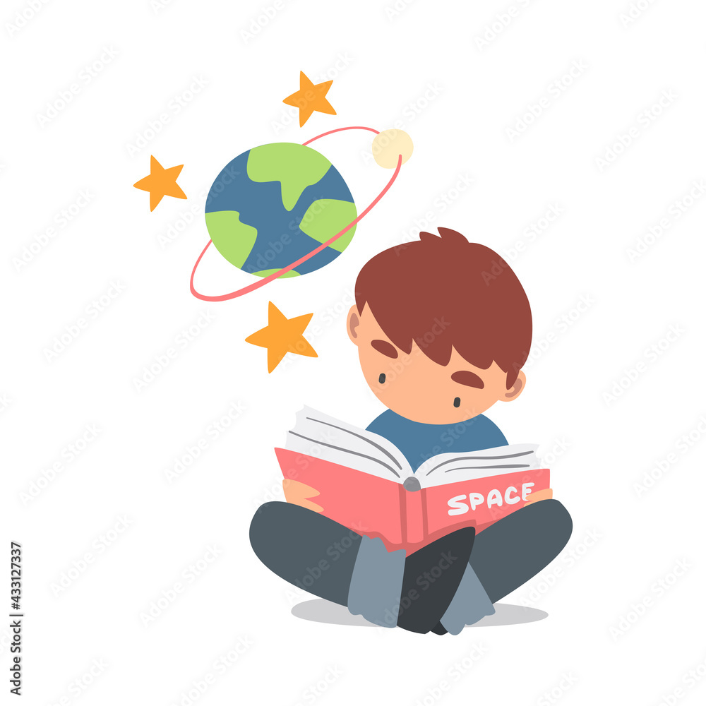 Sticker curious little boy reading book about solar planets studying space and galaxy vector illustration