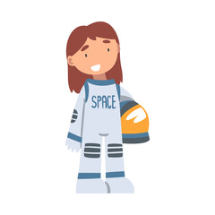 Smiling Girl Wearing Spacesuit Playing Pretending Being Astronaut Vector Illustration