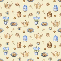 Fotobehang Watercolor seamless pattern with kitchen utensils in farmhouse style. Vintage style background.  © FlowersForBear