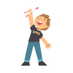 Cute Boy Playing with Toy Spacecraft Vector Illustration