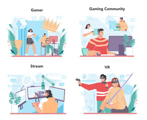 Gamer concept set. Person play on the computer video game. E-sports comunity