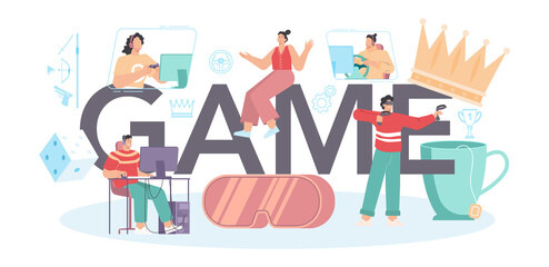 Game typographic header. Person play on the computer video game