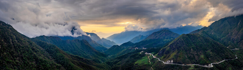 Panorama of O Qui Ho pass in sunset. It's one of the four most beautiful and dangerous passes in Vietnam. © ducvien