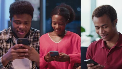 Attractive african american young people, pretty woman in red sweater. and two handsome boys using mobile phones for social media communicating. Friendship concept. - Powered by Adobe