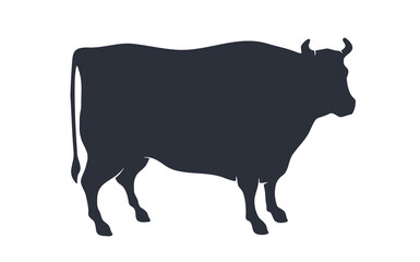 Cow or bull silhouette. Black and white isolated cow or bull silhouette. Vintage retro print for meat business, meat shop, restaurant menu. Logo, sign cow or bull for butchery. Vector Illustration