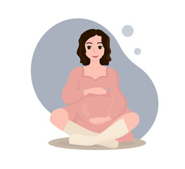 Vector. Flat style illustration. Pregnant woman in a pink dress tenderly touching her belly. She has short curly hair and sits cross-legged.