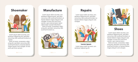Shoemaker mobile application banner set. Craftsman wearing an apron