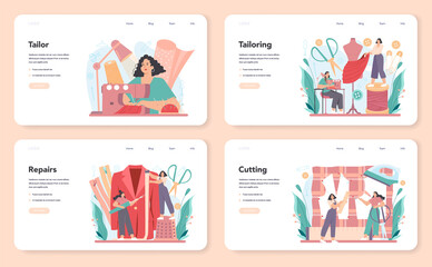 Tailor web banner or landing page set. Fashion designer sewing