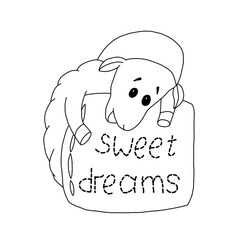 The outline of sheep in nightcap and with a pillow with the inscription Sweet dreams