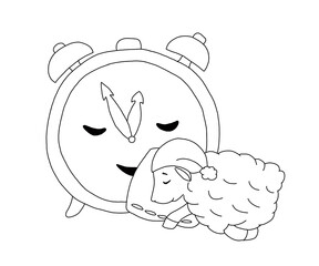 The outline of sheep sleeping on a pillow and a large alarm clock
