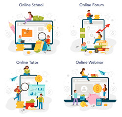 Economy school subject online service or platform set. Student studying