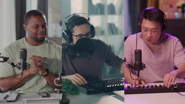 Multi-ethnic male musicians wearing headphones speaking on online podcast redording audiotrack playing music live broadcasting from home. Multi-screen. Blogging.