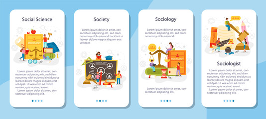 Obraz na płótnie Canvas Sociology school subject mobile application banner set. Students studying