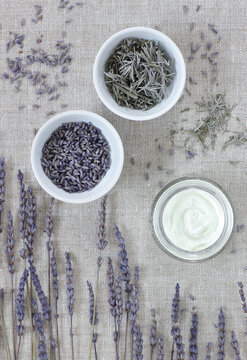 Lavender Face Cream With Essential Oil, Dry Herb In A Bowl With Flowers Nearby, Closeup, From Above Overhead Top View, Natural Medicine, Naturopathy, Organic Cosmetics, Sleep Tea, Skin Concept