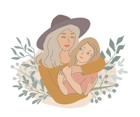 Mother hugging daughter, vector illustration
