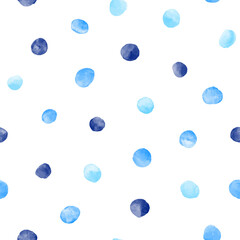 Navy, sky blue vector watercolor round spots, polka dots seamless repeat vector pattern. Watercolour water drops, uneven circle shape blobs, smears, brush strokes. Hand drawn painted background.