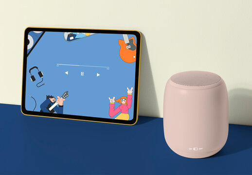 Tablet Screen Mockup with Smart Speaker