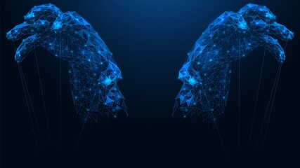 Hands of the puppeteer. Psychological manipulation and control over a person. Polygonal construction of lines and points. Blue background.