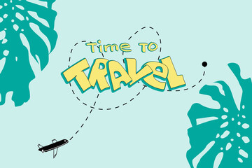 time to travel illustration. Yellow text for banner. Plane in the sky 