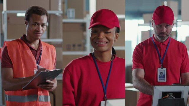 Post Office. Multiscreen of Diverse Multi-Cultural Post Office Employees Working in Team Smiling. Delivery Couriers in Red Uniform. Corporate Staff. Collage Portrait.