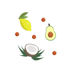 Vector set of tropical fruits. Lemon, lime, avocado, coconut, red berry. Healthy food for vegetarians and vegans. A set for creativity. Vector illustration EPS. White isolated.