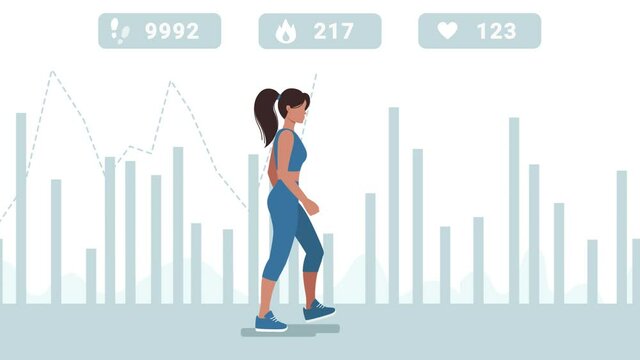 The woman walks , and the counter on top counts the steps, calorie consumption and pulse .