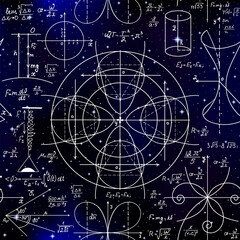 Beautiful vector seamless pattern with mathematical figures, plots and formulas, handwritten on the starry space background - 433133144