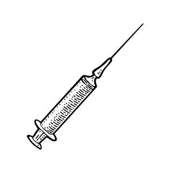 Syringe. Engraving vintage vector black illustration isolated on white.