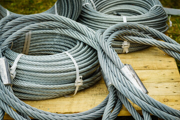 Clean new steel rope wire, coiled steel cable.