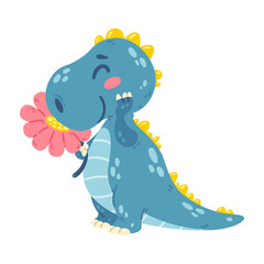 Cute little dinosaur sniffs a flower. Dragon with a plant. Character for the design of posters, postcards and clothing. Picture for kid. Vector illustration isolated white background.