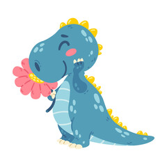 Naklejka premium Cute little dinosaur sniffs a flower. Dragon with a plant. Character for the design of posters, postcards and clothing. Picture for kid. Vector illustration isolated white background.