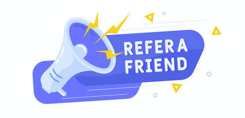 Refer a friend. Vector banner. A megaphone with a purple background of ads for business promotion, advertising, hiring, and social media marketing. Isolated on a white background. - obrazy, fototapety, plakaty