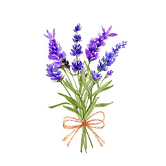 Obraz premium bouquet with purple lavender flowers watercolor illustration on white background. hand-painted for weddings and invitations.
