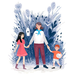 Adult woman standing by the handle with two children boy and girl, family, caring understanding on the background of blue flowers drawing digital educator in an orphanage illustration