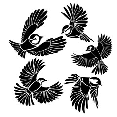 Set of monochrome decorative birds. Vector illustration