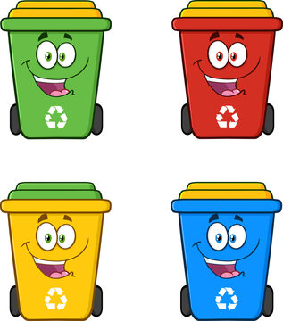 Recycling Bins Cartoon Characters. Vector Collection Set Isolated On White Background
