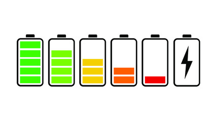 BATTERY ICONS SET LEVEL INDICATORS. BATTERY LIFE, ACCUMULATOR, BATTERY RUNNING LOW, BATTERY RECHARGING