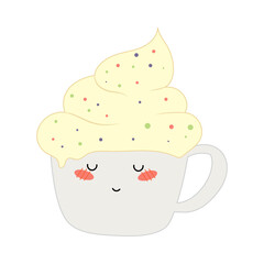 Cute cup with cream, dessert, character. Element for design, icon, print. Vector illustration isolated.