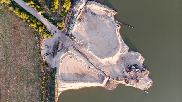 Aerial View Of A Sand Processing Plant On The River. Extraction And Treatment Of All Types Of Natural Sand.
