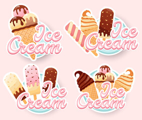
Tasty colorful ice cream badges and labels set. For logo design, emblem, stickers. Vector illustration. Waffle cone ice cream, frozen dessert, gelato, popsicle, ice lolly twist. For cafe, menu, web.