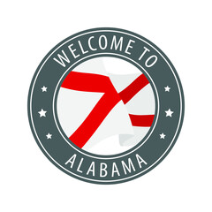 Welcome to Alabama. Gray stamp with a waving state flag.