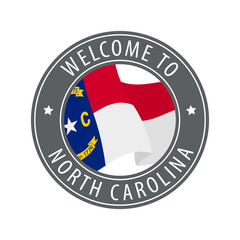 Welcome to North Carolina. Gray stamp with a waving state flag.