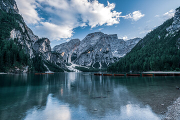 Panoramic view of Lake Braies in the Dolomites, Italy.