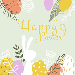 Happy Easter banner, greeting card, poster, holiday cover. Trendy design with typography, hand painted plants, dots, eggs and bunny, in pastel colors. Modern art minimalist style.