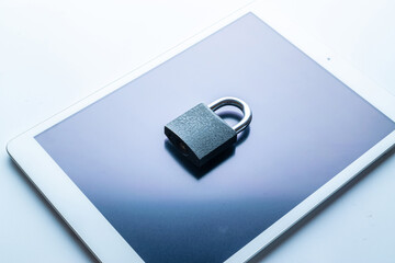 Business security protection. Modern space grey mobile phone with padlock, key on white background. Smartphone fraud, online scam and cyber security threat.