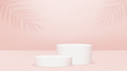 Stages or cylinder platforms or pedestals. Palm leaves on the wall