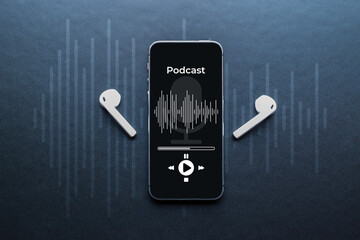 Podcast background. Mobile smartphone screen with podcast application, sound headphones. Audio voice with radio microphone on black. Recording studio or podcasting banner with copy space. - obrazy, fototapety, plakaty